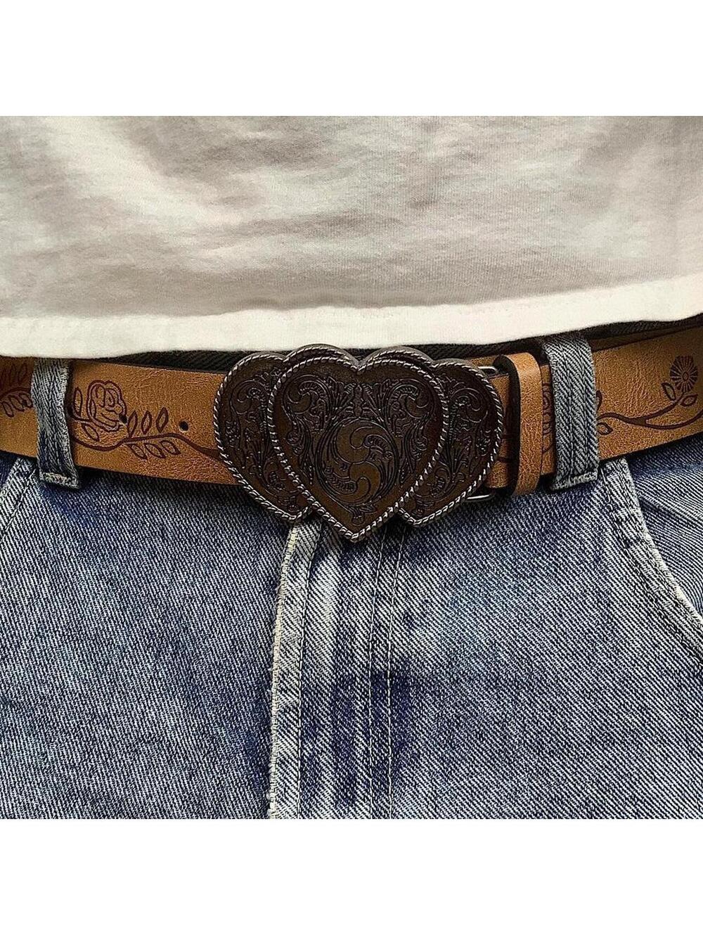 American Western Floral Brown vintage style Heart Belt Buckle black belt. 42
